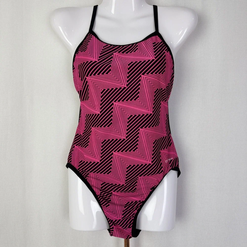 Dolfin Swimsuit Women's One Piece Pink Black Geometric Athletic Swimwear‎